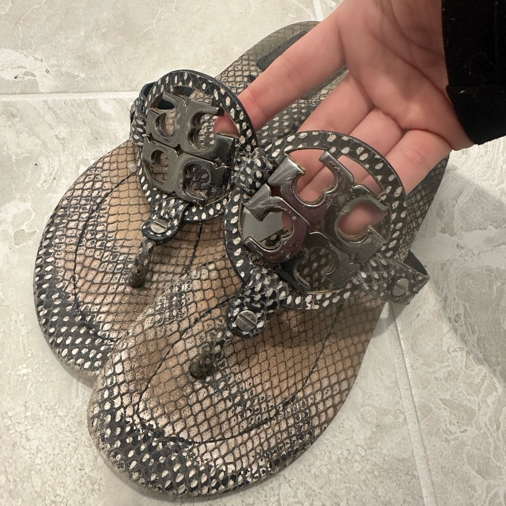 Tory Burch Black and Tan Snakeskin Flip Flops